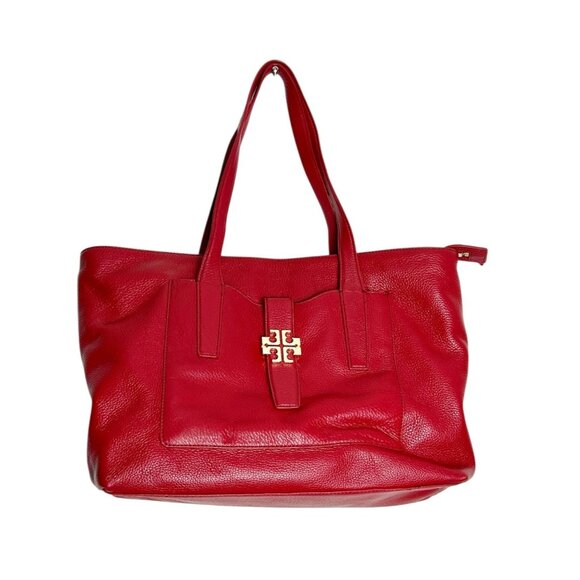 Tory Burch Plaque Large Pebbled Leather Tote in Kir Royale - Picture 2 of 8